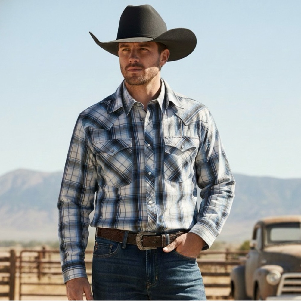 Wrangler Blue Plaid Casual Button Down Shirt